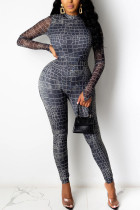 Royal blue Fashion Street Adult Polyester Print Split Joint O Neck Skinny Jumpsuits