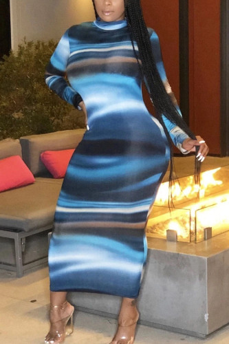 Blue Fashion Casual Adult Milk Fiber Print Patchwork O Neck Long Sleeve Ankle Length Printed Dress Dresses