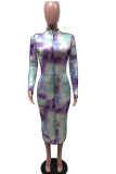 fuchsia Sexy Daily Patchwork Print Patchwork Tie-dye Half A Turtleneck Long Sleeve Mid Calf A Line Dresses