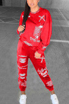 Красный модный уличный принт для взрослых в стиле пэчворк с буквенным принтом и круглым вырезом с обычным рукавом, стандартный комплект из двух предметов