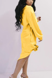 黄色のファッションソリッドフード付き襟長袖長袖ドレスドレス