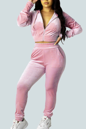 Pink Sexy Gradual Change Solid Patchwork Hooded Collar Long Sleeve Regular Sleeve Short Two Pieces