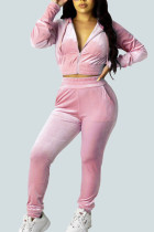 ピンク セクシー 段階的変化 ソリッド パッチワーク フード付き襟 長袖 レギュラースリーブ ショート XNUMX 枚