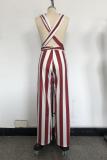 Wine Red Fashion Sexy bandage Print Patchwork Backless Striped Sleeveless V Neck Jumpsuits