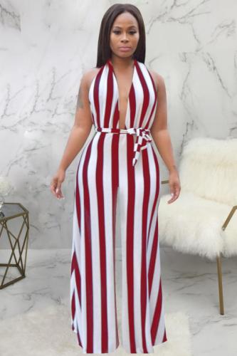 Wine Red Fashion Sexy bandage Print Patchwork Backless Striped Polyester Sleeveless V Neck  Jumpsuits