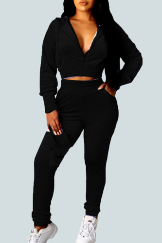 Black Sexy Gradual Change Solid Patchwork Hooded Collar Long Sleeve Regular Sleeve Short Two Pieces