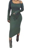 Grüne Mode Sexy Erwachsene Acetatfaser Solide Schrägkragen Langarm Mitte Wade Langarm Kleid Kleider