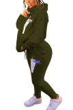 Армейский зеленый модный повседневный взрослый буквенный принт с капюшоном и воротником с длинным рукавом Обычный рукав Обычный комплект из двух предметов