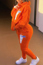 オレンジ ファッション カジュアル 大人 レタープリント レター フード付き襟 長袖 レギュラースリーブ レギュラー XNUMX 枚