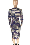 Grey Sexy Europe and America OL Long Sleeves O neck Step Skirt Mini Print camouflage Dresses