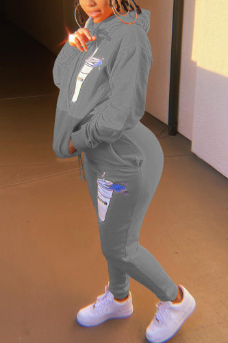 Grey Fashion Casual Adult Letter Print Letter Hooded Collar Long Sleeve Regular Sleeve Regular Two Pieces