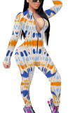 Blauwe mode-print patchwork O-hals reguliere jumpsuits