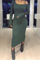 Green Fashion Sexy Adult Acetate Fiber Solid Oblique Collar Long Sleeve Mid Calf Long Sleeve Dress Dresses