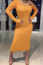 Gold Fashion Sexy Adult Acetate Fiber Solid Oblique Collar Long Sleeve Mid Calf Long Sleeve Dress Dresses