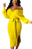 Yellow Fashion Adult Elegant Pit Article Fabrics Solid Bandage Backless V Neck Long Sleeve Mid Calf Pencil Skirt Dresses