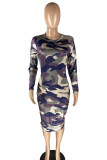 Grey Sexy Europe and America OL Long Sleeves O neck Step Skirt Mini Print camouflage Dresses
