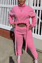 Pink Fashion Street Erwachsener einfarbiger Rollkragenpullover mit Kordelzug, lange Ärmel, normale Ärmel, kurz, zweiteilig