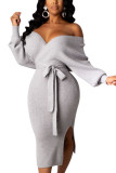 Серые модные элегантные ткани для взрослых, однотонные повязки с открытой спиной, v-образным вырезом и длинными рукавами, платья-юбка-карандаш до середины икры