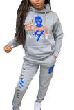Dark Blue Casual Character Patchwork Letter Hooded Collar Long Sleeve Two Pieces