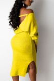 Amarillo moda adulto elegante Pit artículo telas sólido vendaje espalda descubierta cuello en V manga larga media pantorrilla falda lápiz vestidos