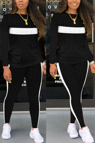Black Fashion Sexy Adult Striped Patchwork Patchwork O Neck Long Sleeve Regular Sleeve Regular Two Pieces