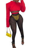 Red Sexy Milk Fiber Solid Patchwork See-through O Neck Long Sleeve Regular Sleeve Short Two Pieces