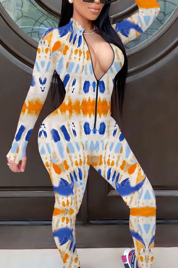 Oranje mode-print patchwork O-hals reguliere jumpsuits