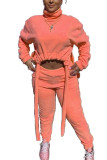 Pink Fashion Street Adult Solid Draw String Turtleneck Long Sleeve Regular Sleeve Short Two Pieces