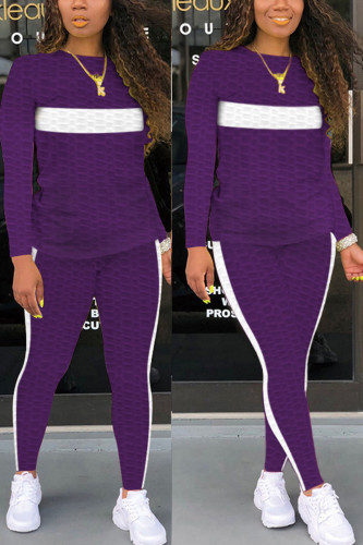 purple Fashion Sexy Adult Striped Patchwork Patchwork O Neck Long Sleeve Regular Sleeve Regular Two Pieces