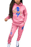 Pink Casual Character Patchwork Letter Hooded Collar Long Sleeve Two Pieces