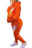Оранжевый модный повседневный буквенный принт для взрослых, воротник с капюшоном и длинным рукавом, обычный рукав, обычные две штуки