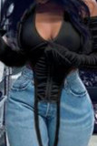 Zwarte sexy effen patchwork doorzichtige backless tops met V-hals