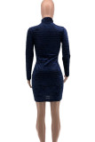Silver Fashion Sexy Print Hollowed Out O Neck Long Sleeve Mini Pencil Skirt Dresses