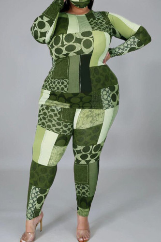 Green Fashion British Style Adult Print Split Joint O Neck Plus Size