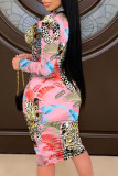 Розовое модное уличное платье для взрослых с принтом в стиле пэчворк с круглым вырезом и длинным рукавом длиной до колена с принтом платья платья