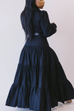 Schwarze Prominente Solide mit Gürtel Hemdkragen Langarm bodenlangen Langarm Kleid Kleider
