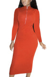 Orange Fashion Sexy Adult Solid Patchwork O Neck Long Sleeve Mid Calf Long Sleeve Dress Dresses