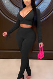 Black Sexy Solid Patchwork V Neck Long Sleeve Regular Sleeve Short Two Pieces