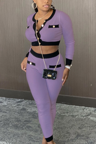 purple Street Geometric Patchwork O Neck Long Sleeve Regular Sleeve Short Two Pieces