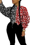 Red and black Fashion Casual Adult Print Bandage Patchwork O Neck Tops