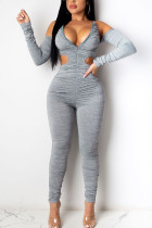 Grey Fashion Sexy Adult Solid Fold Halter Skinny Jumpsuits