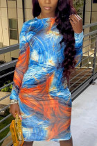 Baby Blue Fashion Sexy Adult Print Tie-dye O Neck Long Sleeve Knee Length Long Sleeve Dress Dresses