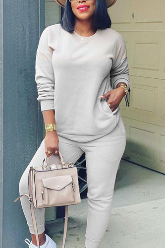Grey Casual Adult Solid Patchwork O Neck Two Pieces