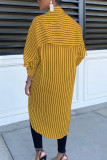 Yellow Elegant Striped Fold Turndown Collar Outerwear