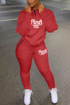 Rote modische Sportbekleidung für Erwachsene, Zweiteiler mit Buchstabendruck und O-Ausschnitt