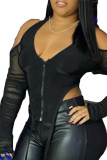 Black Sexy Solid Patchwork See-through Backless V Neck Tops