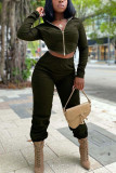Khaki Fashion Street Adult Solid Patchwork Hooded Collar Long Sleeve Regular Sleeve Short Two Pieces