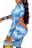 Голубое модное сексуальное платье для взрослых с принтом тай-дай с круглым вырезом и длинным рукавом длиной до колена с длинными рукавами, платья