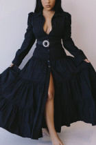 Célébrités noires solides avec ceinture col de chemise manches longues longueur de plancher robe à manches longues robes