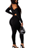 Black Fashion Sexy Adult Solid Fold Halter Skinny Jumpsuits